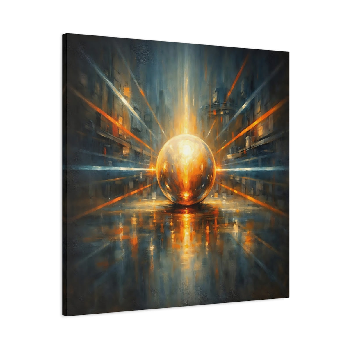 Side Mockup 2. Science Fiction Energy Orb Orange Blue Abstract shown as stretched canvas wall art