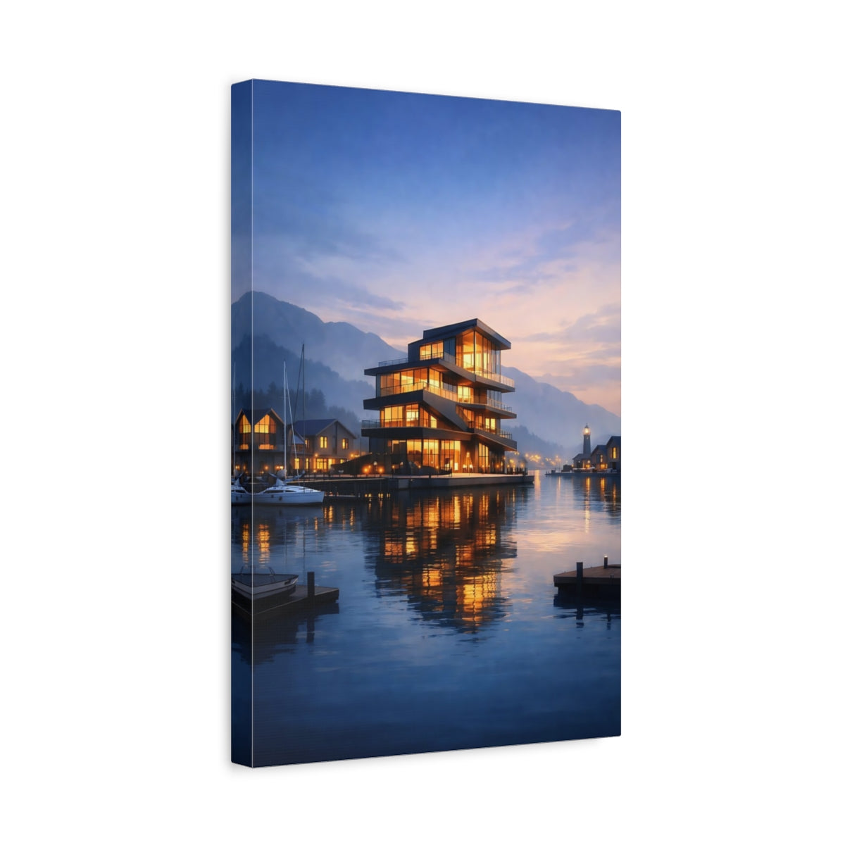 Side Mockup 4. Nature Waterfront Building Blue And Orange Waterfront shown as stretched canvas wall art