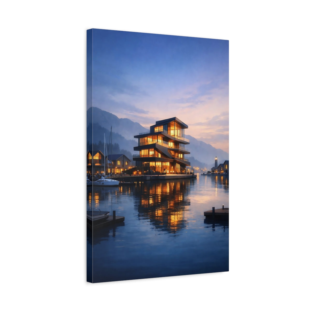 Side Mockup 3. Nature Waterfront Building Blue And Orange Waterfront shown as stretched canvas wall art