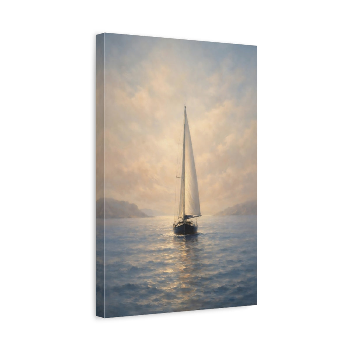 Side Mockup 4. Nature Sailboat Blue Gold Seascape shown as stretched canvas wall art