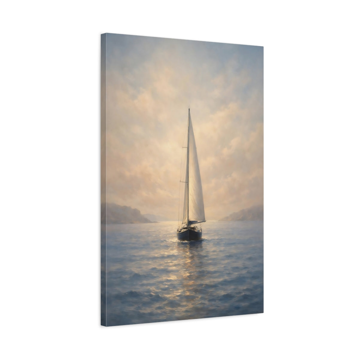 Side Mockup 2. Nature Sailboat Blue Gold Seascape shown as stretched canvas wall art