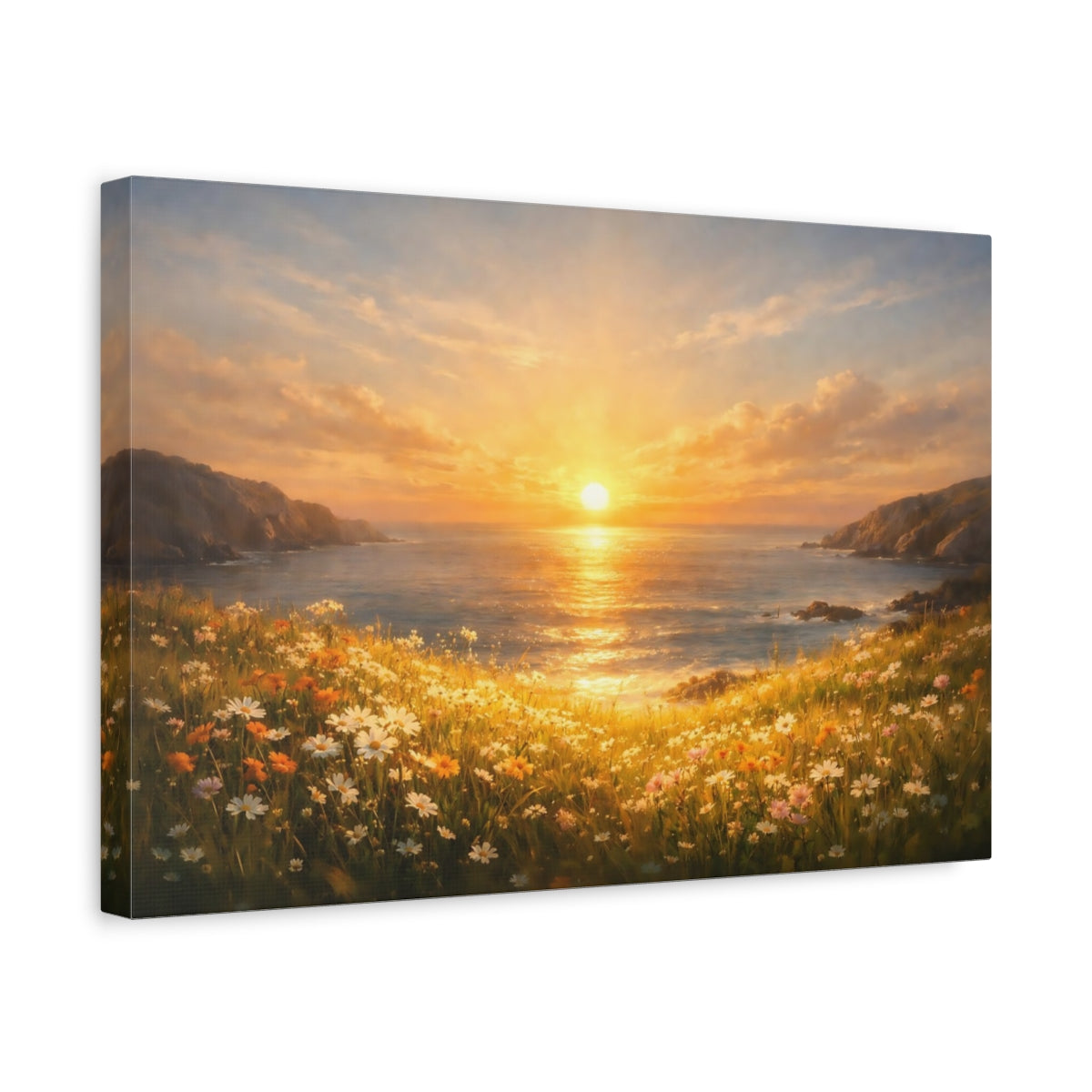 Side Mockup 4. Golden Glow Ocean Meadow shown as stretched canvas wall art