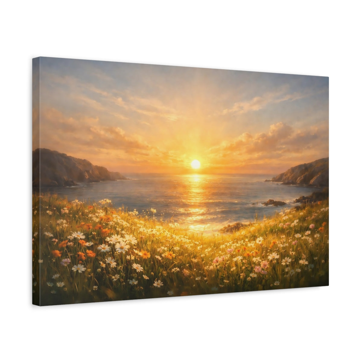 Side Mockup 3. Golden Glow Ocean Meadow shown as stretched canvas wall art