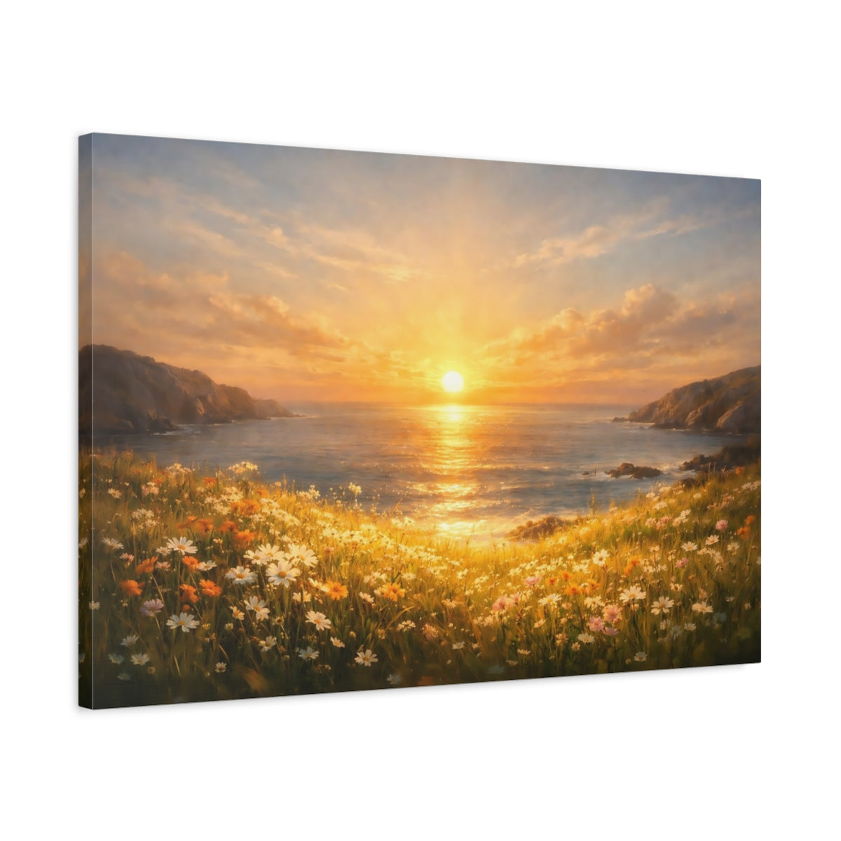 Side Mockup 2. Golden Glow Ocean Meadow shown as stretched canvas wall art
