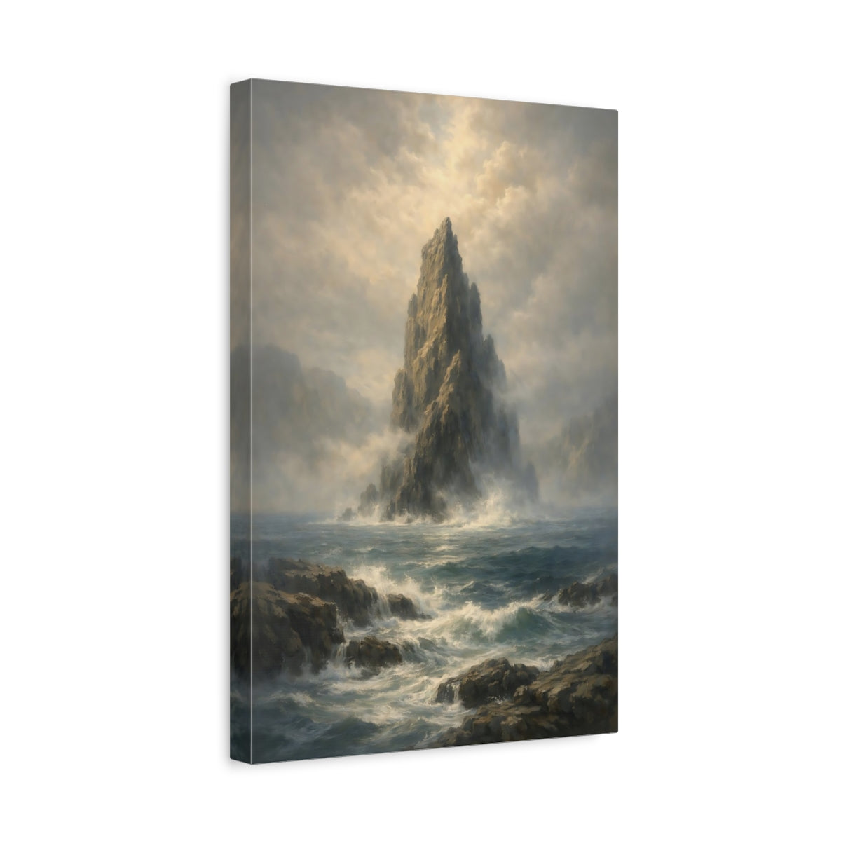 Side Mockup 4. Nature Sea Stack Seascape Rock shown as stretched canvas wall art