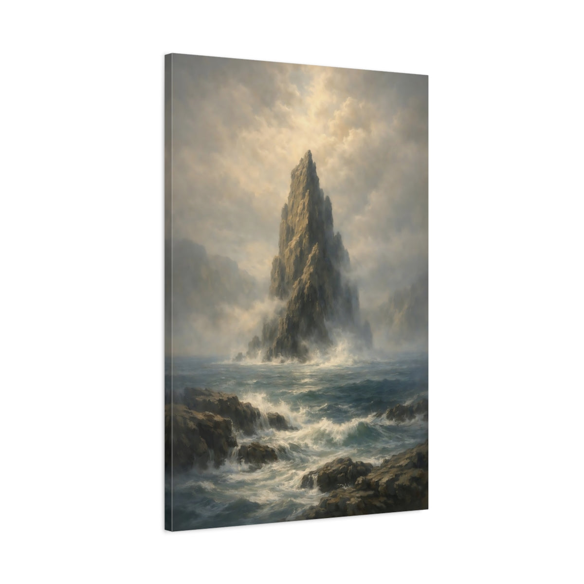 Side Mockup 1. Nature Sea Stack Seascape Rock shown as stretched canvas wall art