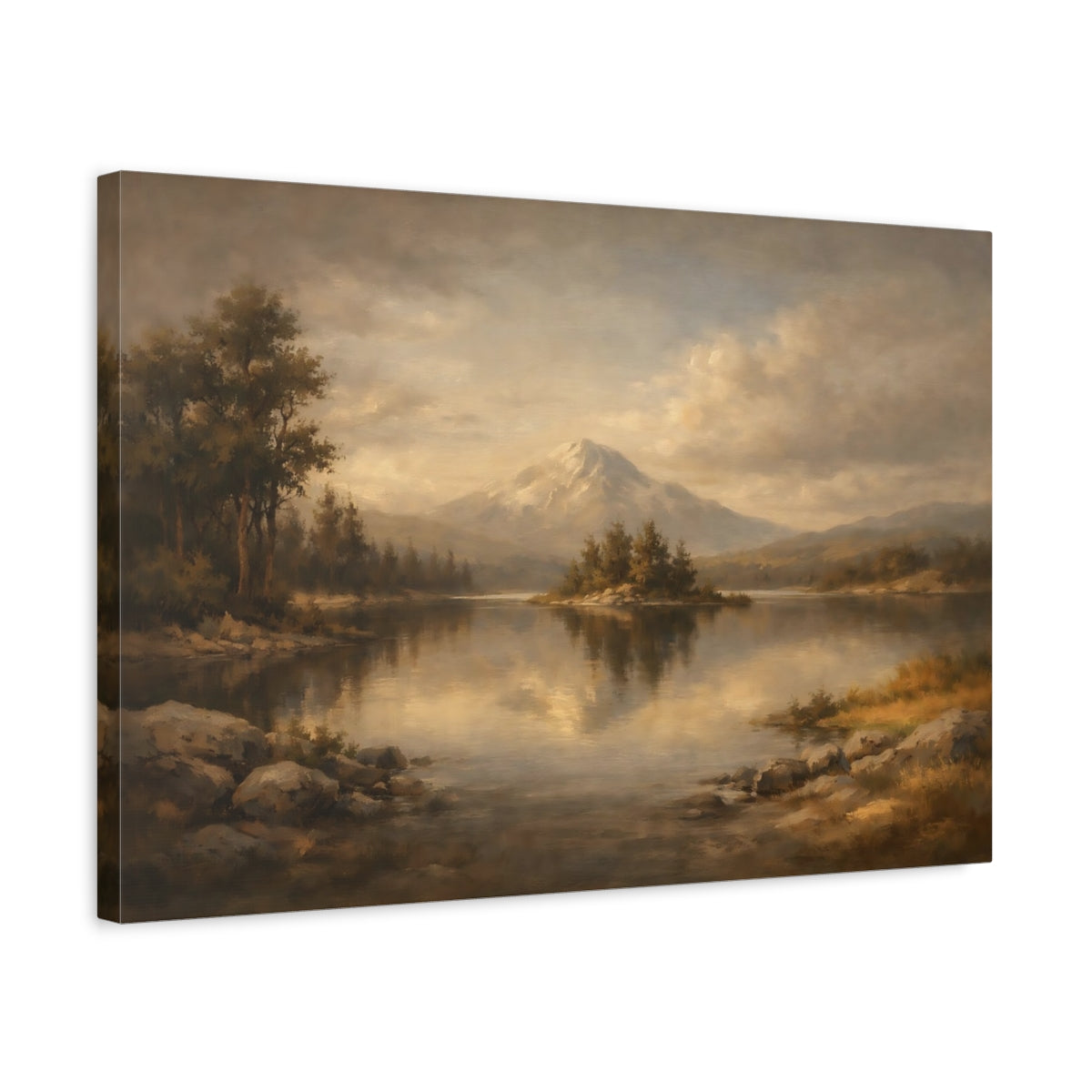 Side Mockup 3. Luxury Minimal Dark Brown And Grey Balance shown as stretched canvas wall art