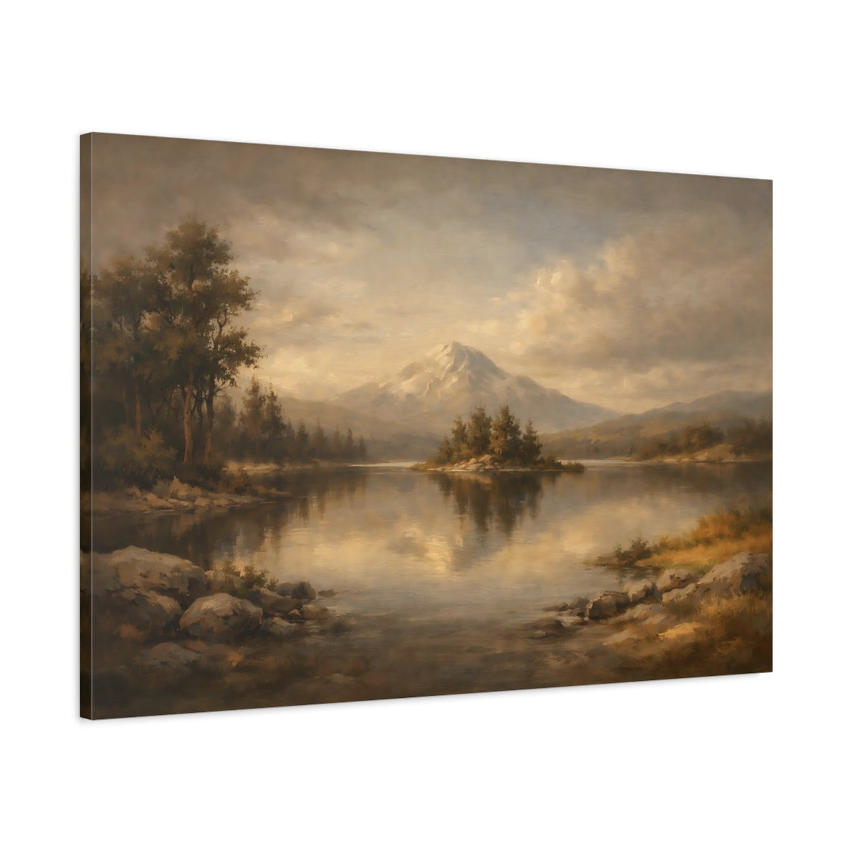 Side Mockup 1. Luxury Minimal Dark Brown And Grey Balance shown as stretched canvas wall art