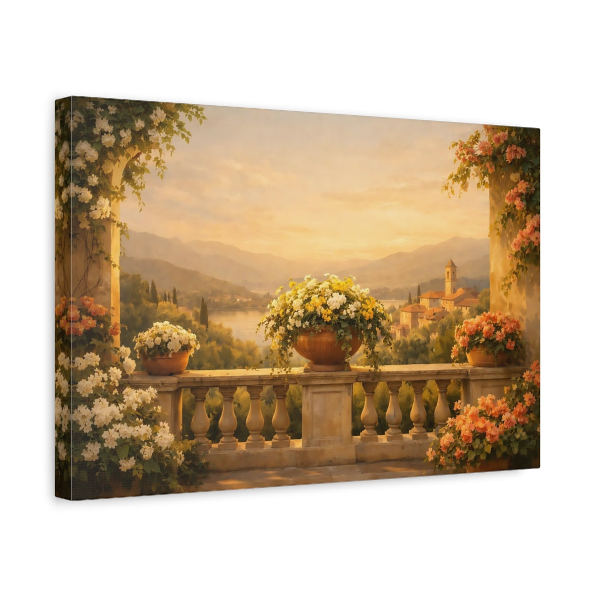 Side Mockup 4. Golden Glow Italian Flower Balcony shown as stretched canvas wall art