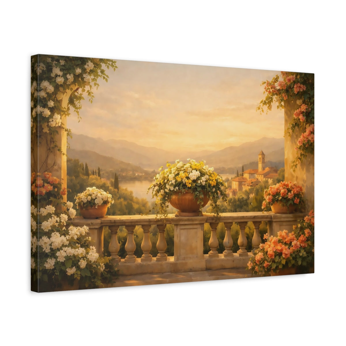 Side Mockup 3. Golden Glow Italian Flower Balcony shown as stretched canvas wall art