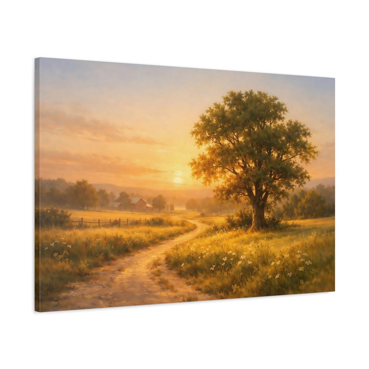 Golden Glow Countryside Path Oak Tree Nature - Canvas Wall Art Print