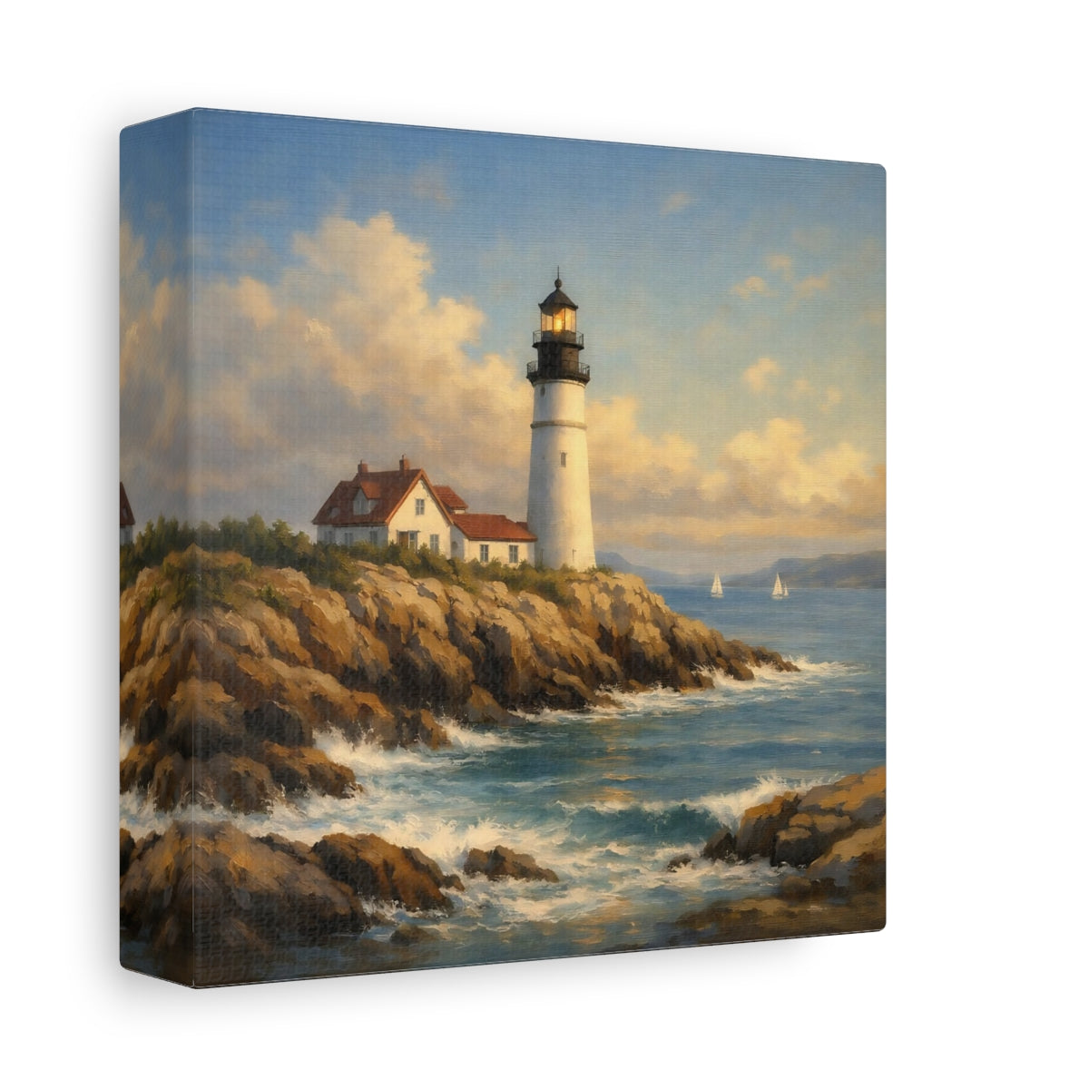 Side Mockup 1. Nature Lighthouse Blue And Brown Lighthouse shown as stretched canvas wall art