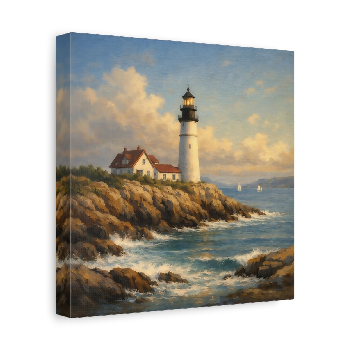 Side Mockup 9. Nature Lighthouse Blue And Brown Lighthouse shown as stretched canvas wall art