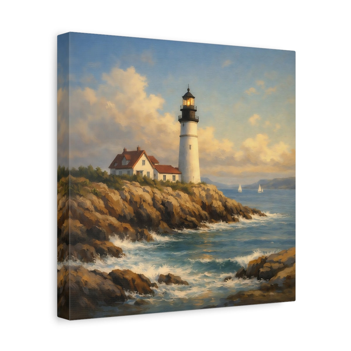 Side Mockup 8. Nature Lighthouse Blue And Brown Lighthouse shown as stretched canvas wall art