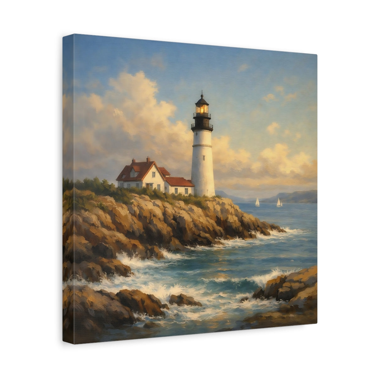 Side Mockup 7. Nature Lighthouse Blue And Brown Lighthouse shown as stretched canvas wall art