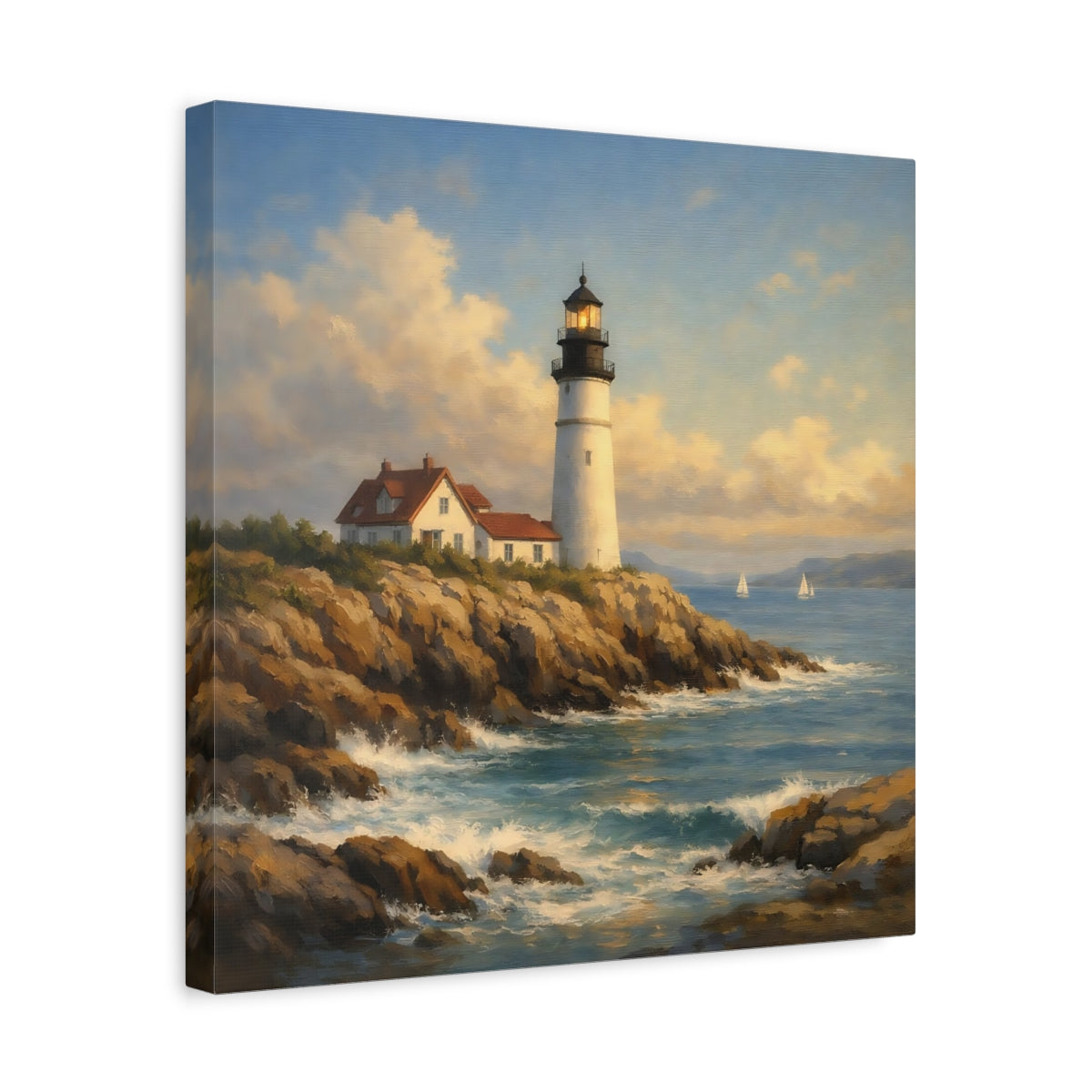 Side Mockup 6. Nature Lighthouse Blue And Brown Lighthouse shown as stretched canvas wall art