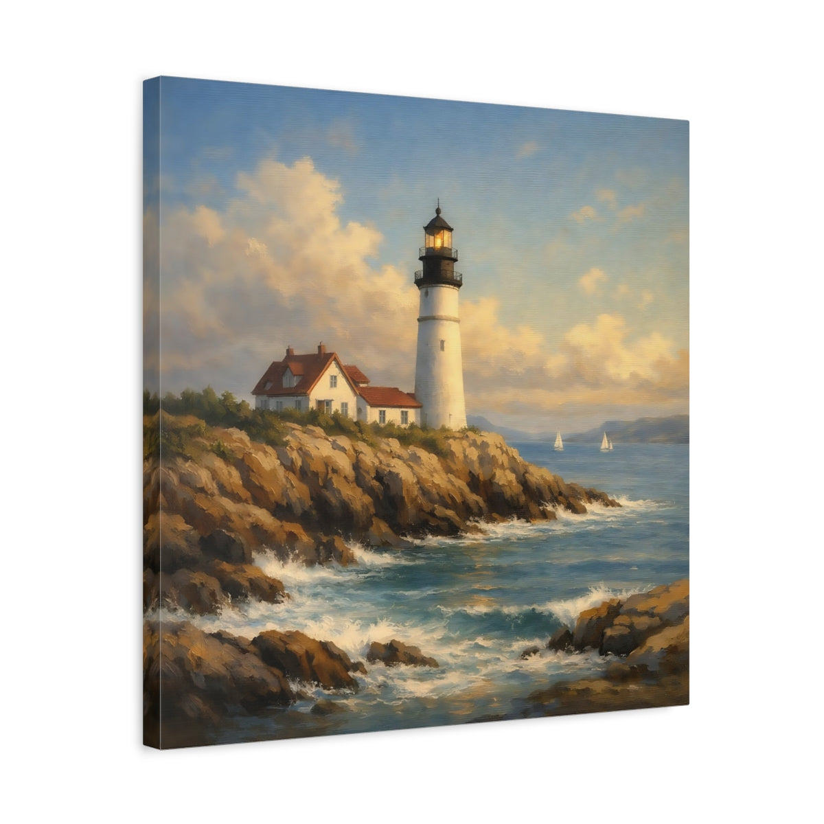 Side Mockup 5. Nature Lighthouse Blue And Brown Lighthouse shown as stretched canvas wall art