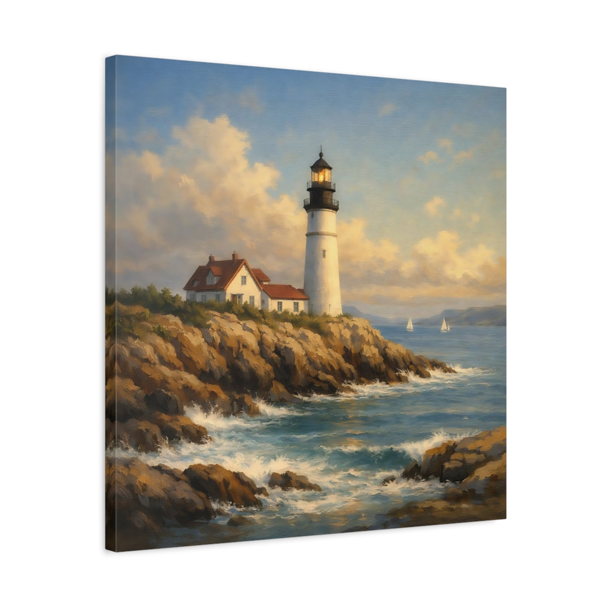 Side Mockup 4. Nature Lighthouse Blue And Brown Lighthouse shown as stretched canvas wall art