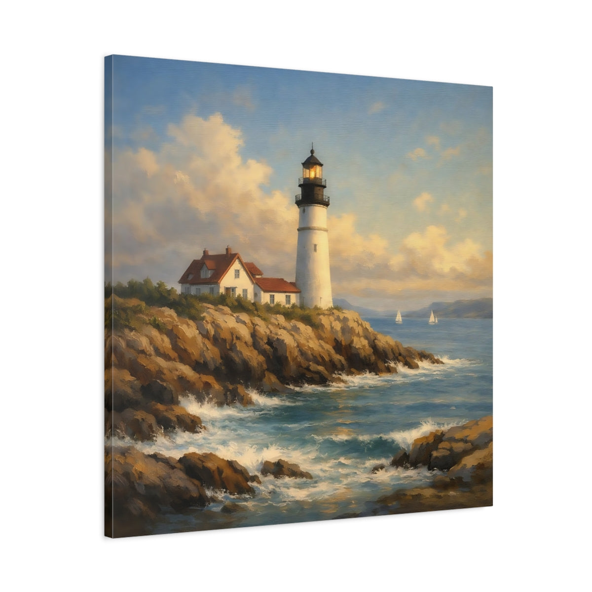 Side Mockup 3. Nature Lighthouse Blue And Brown Lighthouse shown as stretched canvas wall art