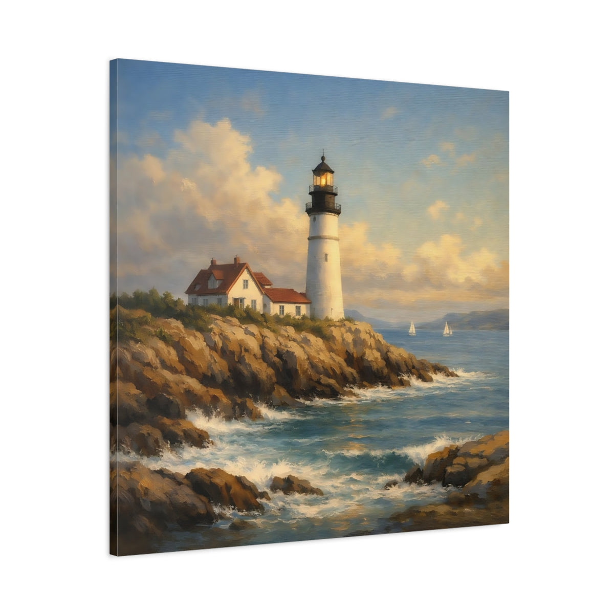 Side Mockup 2. Nature Lighthouse Blue And Brown Lighthouse shown as stretched canvas wall art