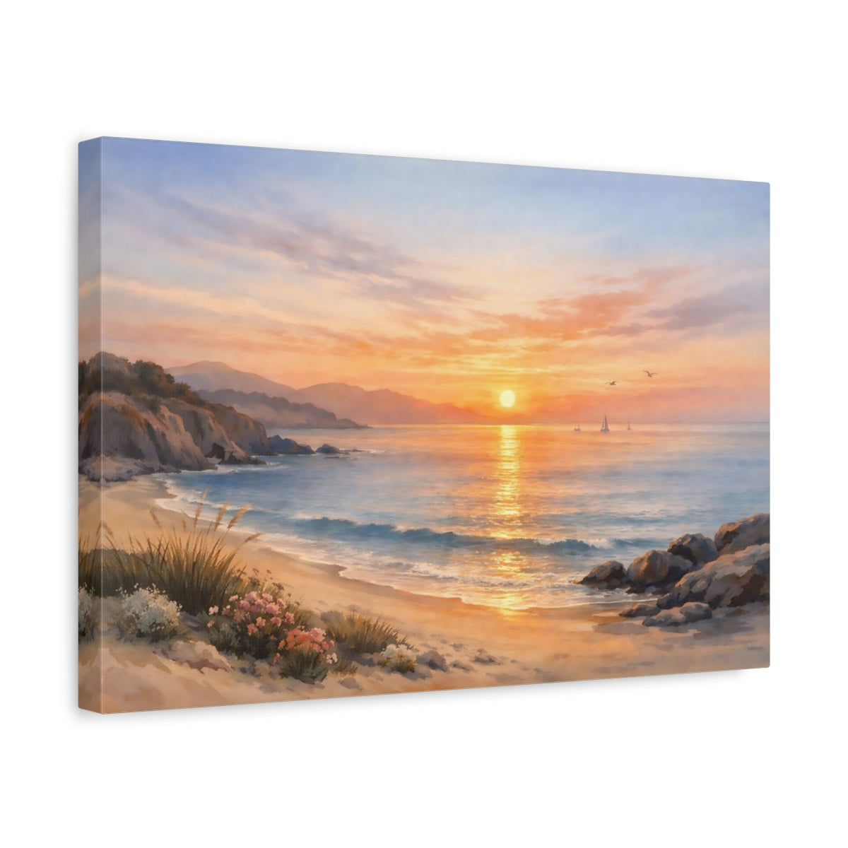 Watercolor Coastal Sunset Nature - Canvas Wall Art Print