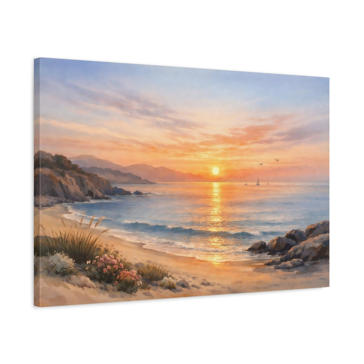 Watercolor Coastal Sunset Nature - Canvas Wall Art Print