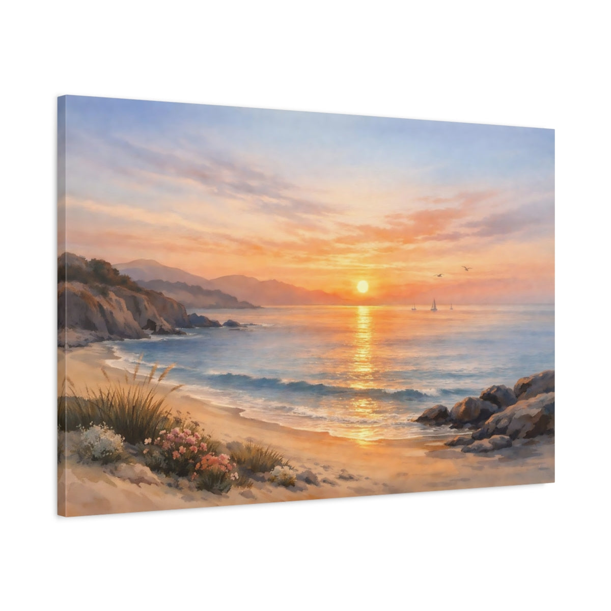 Watercolor Coastal Sunset Nature - Canvas Wall Art Print