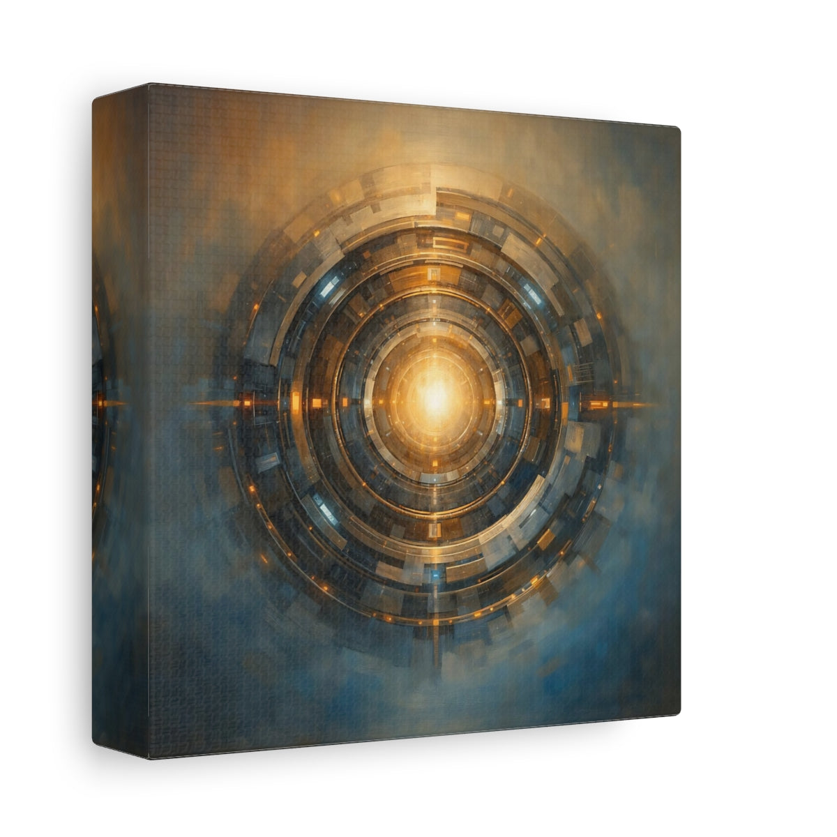 Side Mockup 1. Science Fiction Cosmic Portal Gold And Blue shown as stretched canvas wall art