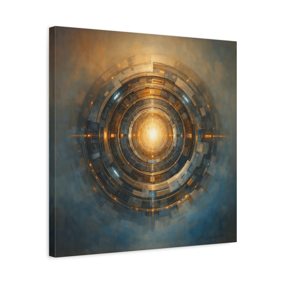Side Mockup 5. Science Fiction Cosmic Portal Gold And Blue shown as stretched canvas wall art