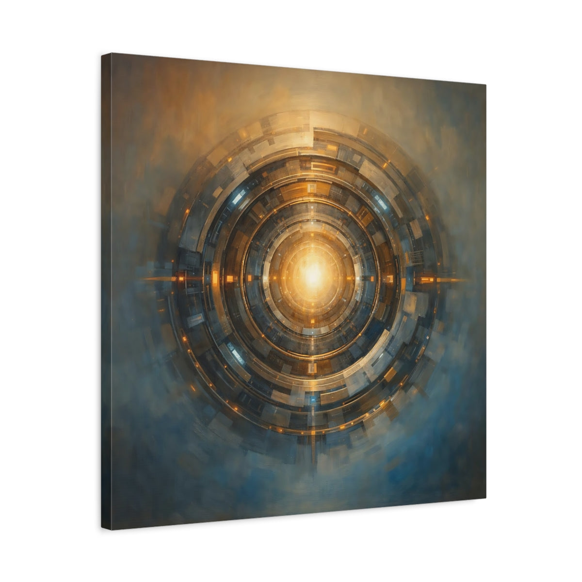 Side Mockup 4. Science Fiction Cosmic Portal Gold And Blue shown as stretched canvas wall art