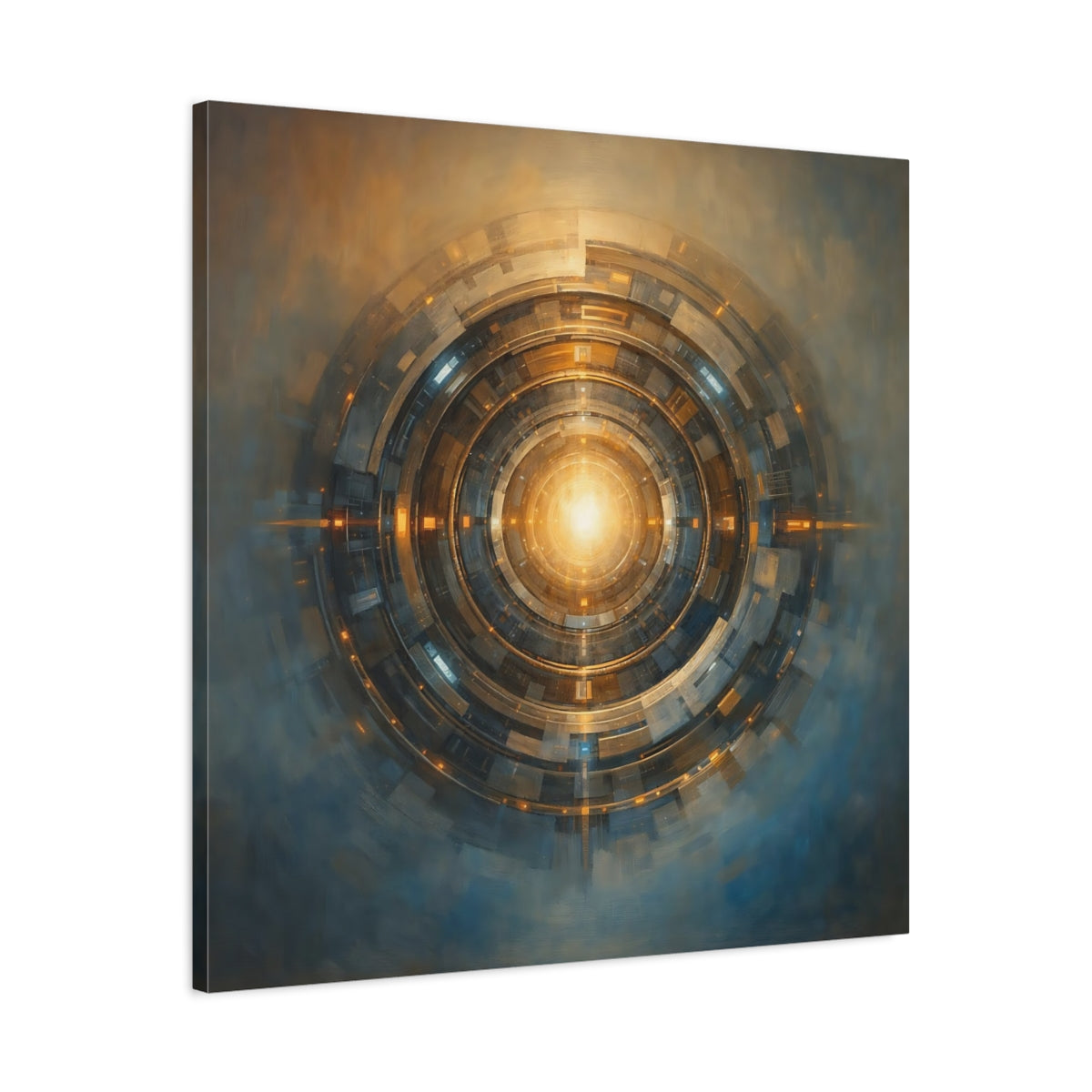 Side Mockup 3. Science Fiction Cosmic Portal Gold And Blue shown as stretched canvas wall art