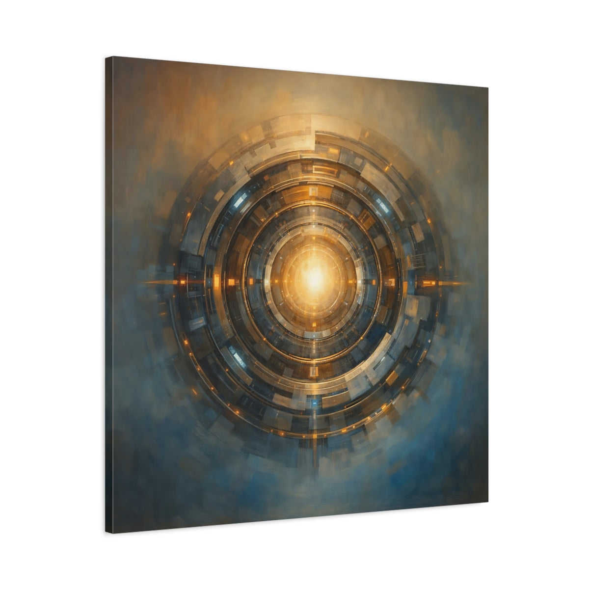 Side Mockup 2. Science Fiction Cosmic Portal Gold And Blue shown as stretched canvas wall art