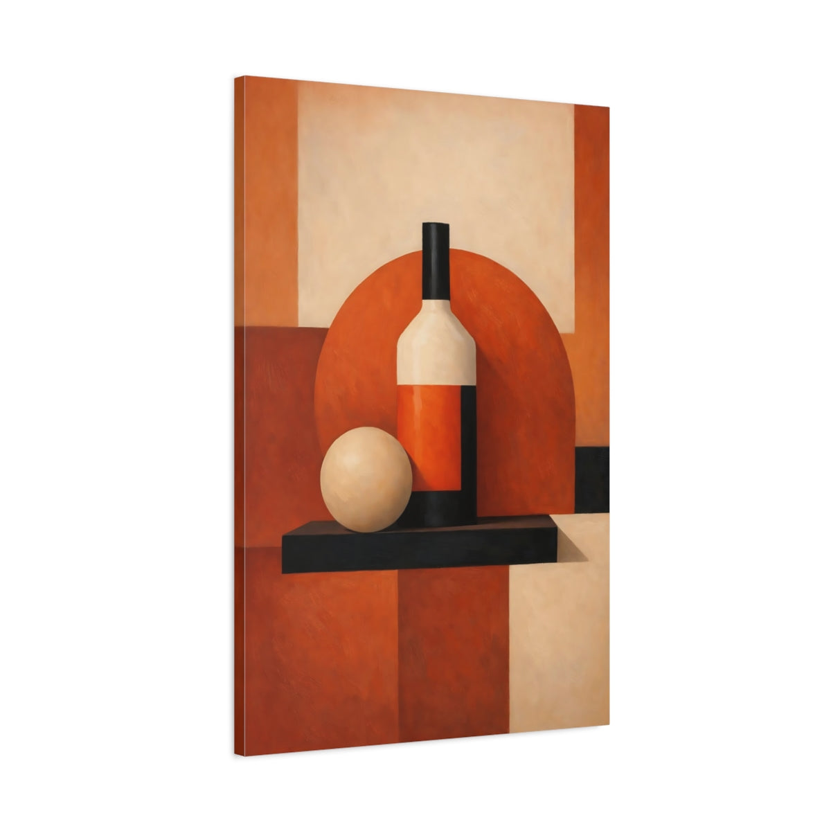Side Mockup 1. Abstract Bottle, Ball Orange Black Still Life shown as stretched canvas wall art