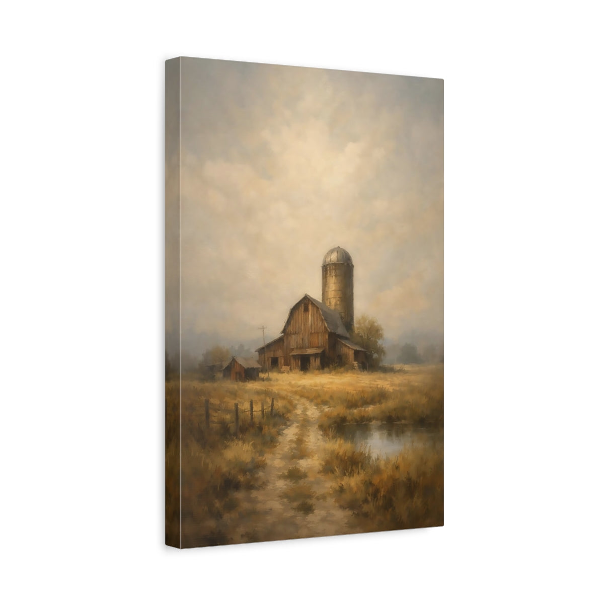 Side Mockup 4. Nature Barn Brown Gold Landscape shown as stretched canvas wall art