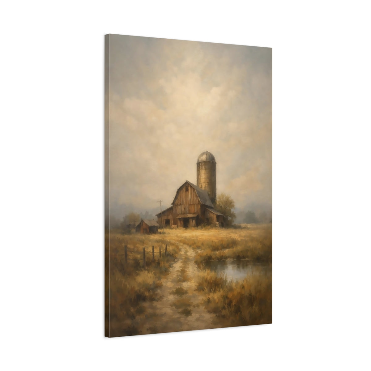 Side Mockup 1. Nature Barn Brown Gold Landscape shown as stretched canvas wall art