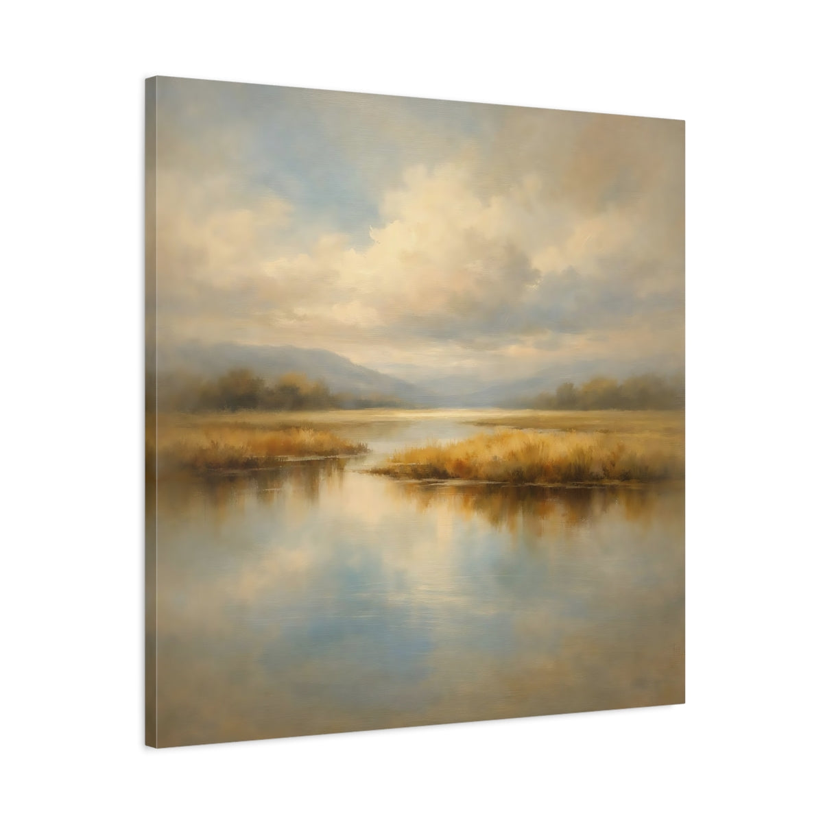 Side Mockup 3. Nature Marsh Landscape Misty Marsh shown as stretched canvas wall art