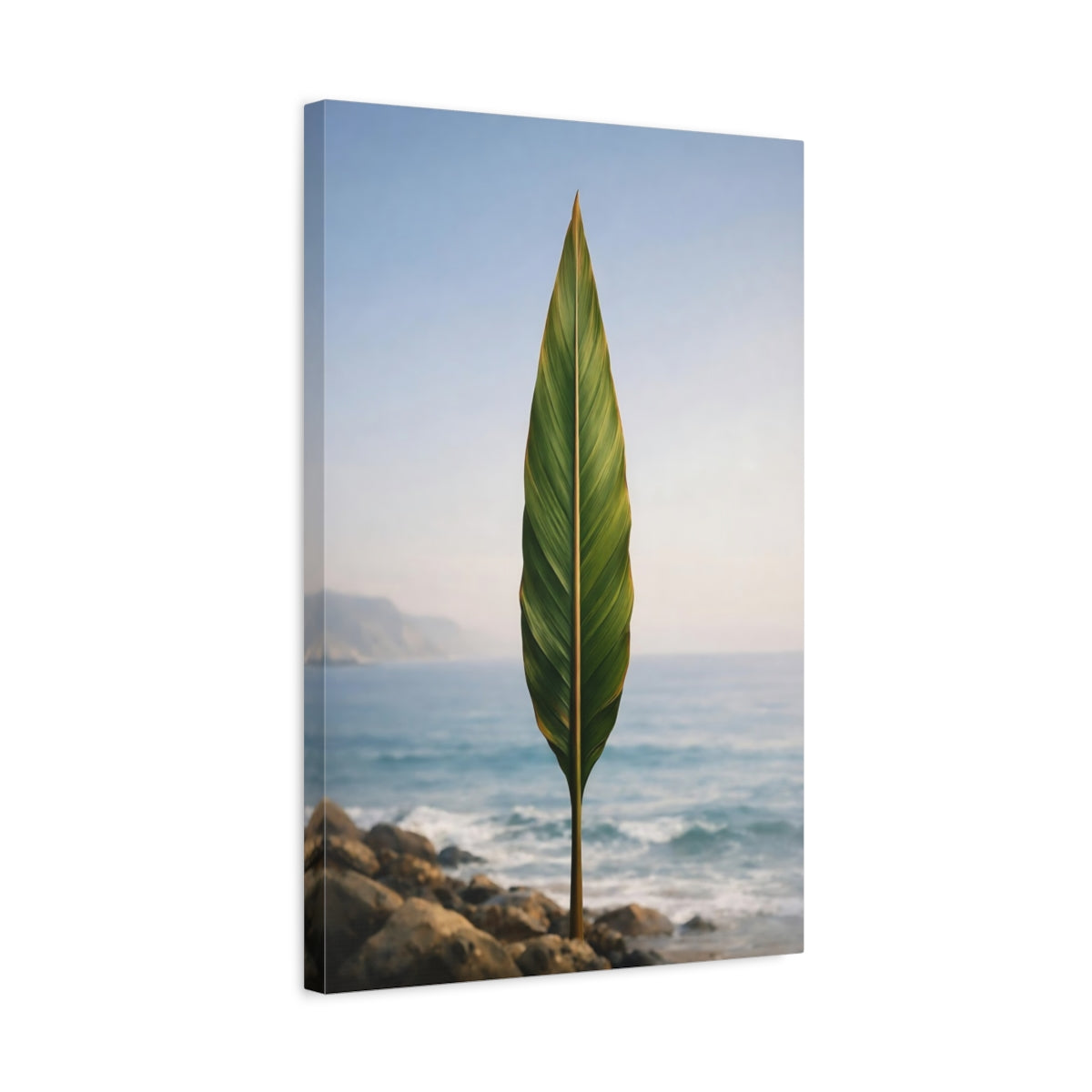 Side Mockup 3. Nature Tropical Leaf Green Leaf Ocean shown as stretched canvas wall art