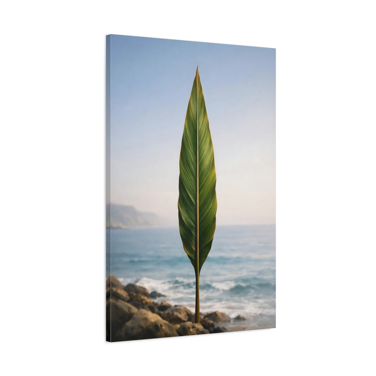 Side Mockup 1. Nature Tropical Leaf Green Leaf Ocean shown as stretched canvas wall art