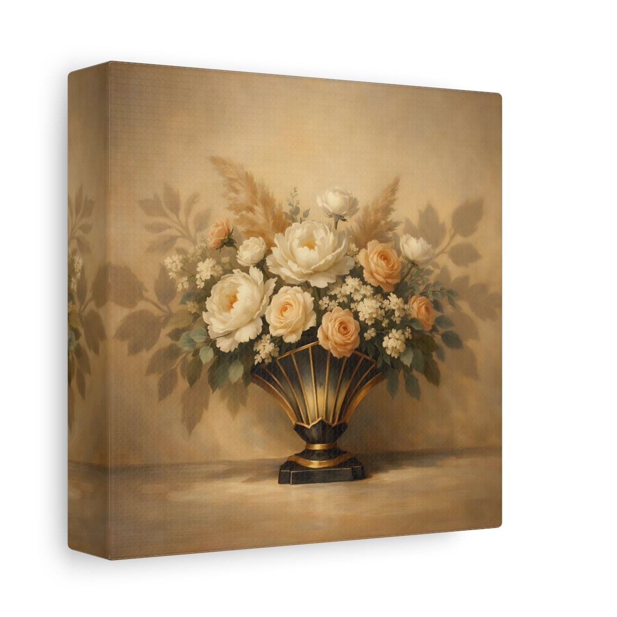 Side Mockup 1. Floral Floral Arrangement Cream Floral shown as stretched canvas wall art