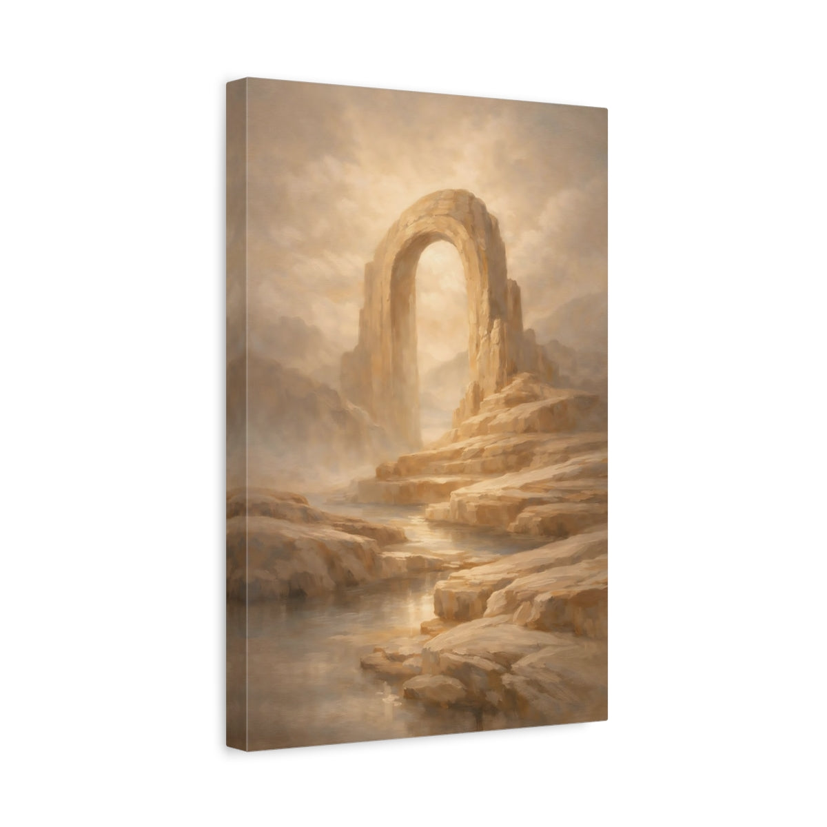 Side Mockup 4. Nature Stone Arch Beige And Gold shown as stretched canvas wall art