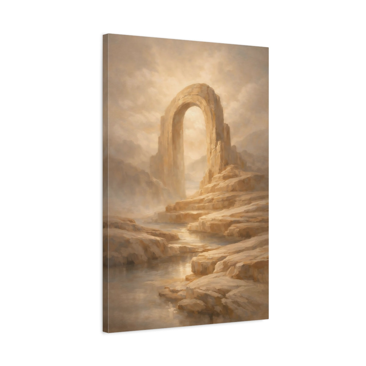 Side Mockup 2. Nature Stone Arch Beige And Gold shown as stretched canvas wall art