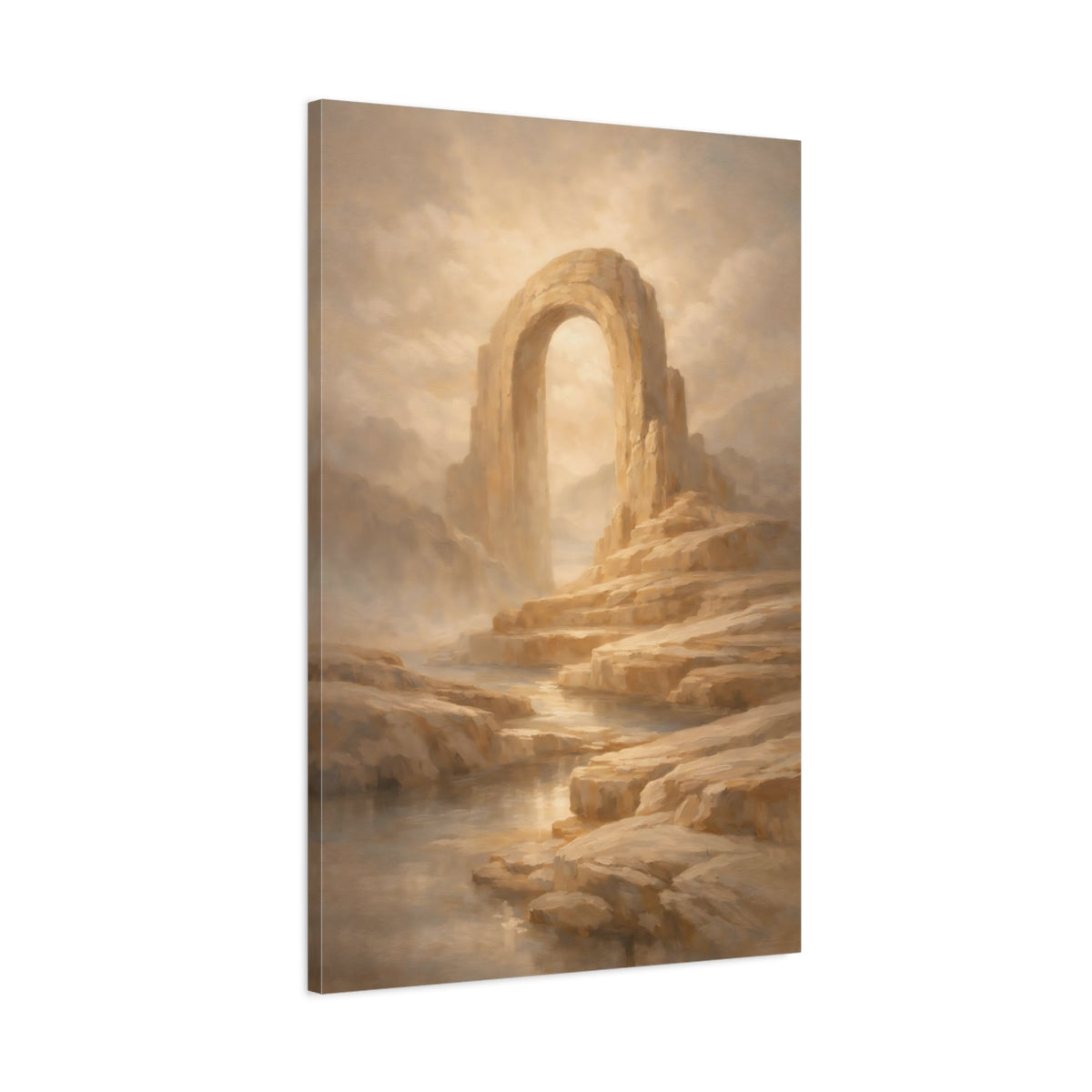Side Mockup 1. Nature Stone Arch Beige And Gold shown as stretched canvas wall art