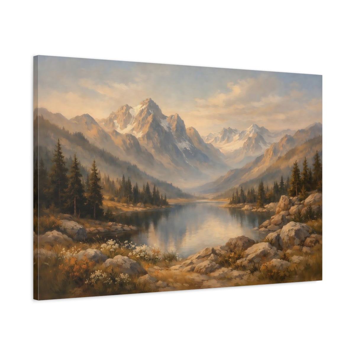 Side Mockup 1. Nature Mountain Lake Mountain Lake Landscape shown as stretched canvas wall art