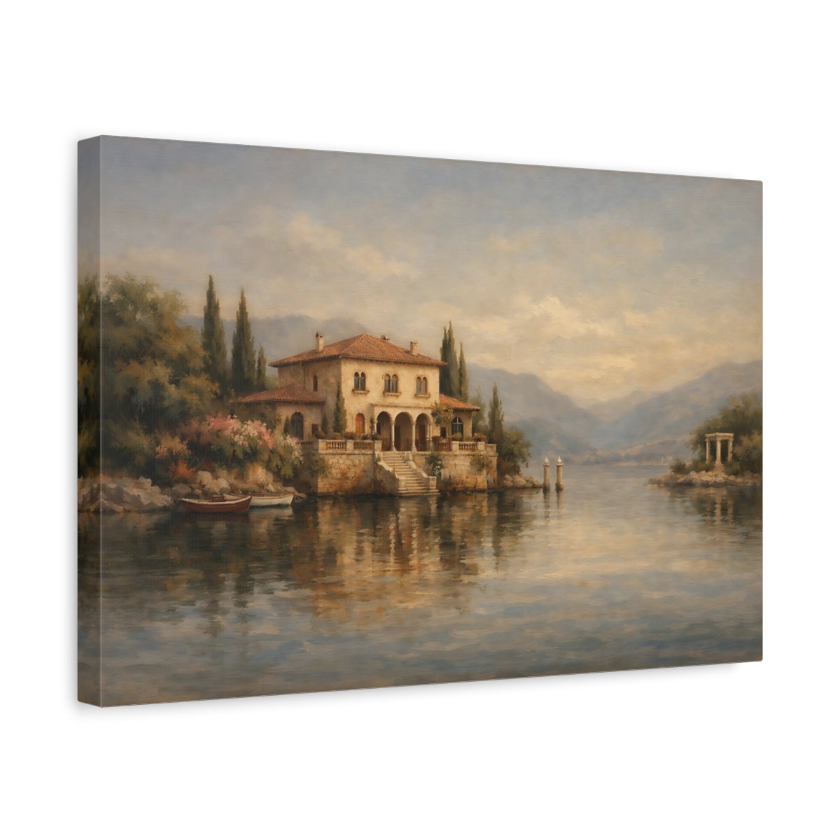 Side Mockup 4. Nature Lake House Mediterranean Landscape shown as stretched canvas wall art