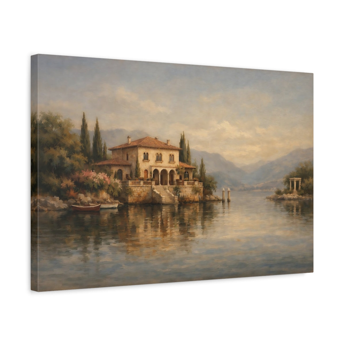 Side Mockup 3. Nature Lake House Mediterranean Landscape shown as stretched canvas wall art