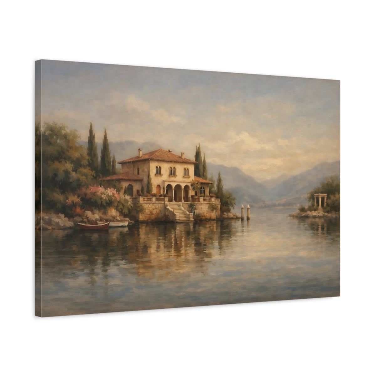 Side Mockup 2. Nature Lake House Mediterranean Landscape shown as stretched canvas wall art