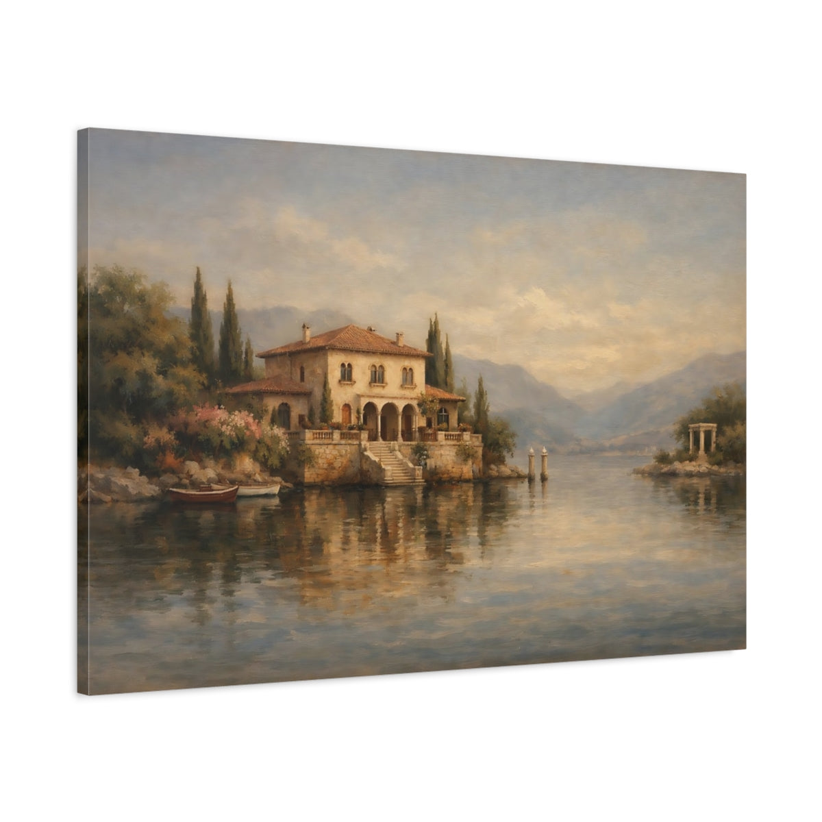 Side Mockup 1. Nature Lake House Mediterranean Landscape shown as stretched canvas wall art