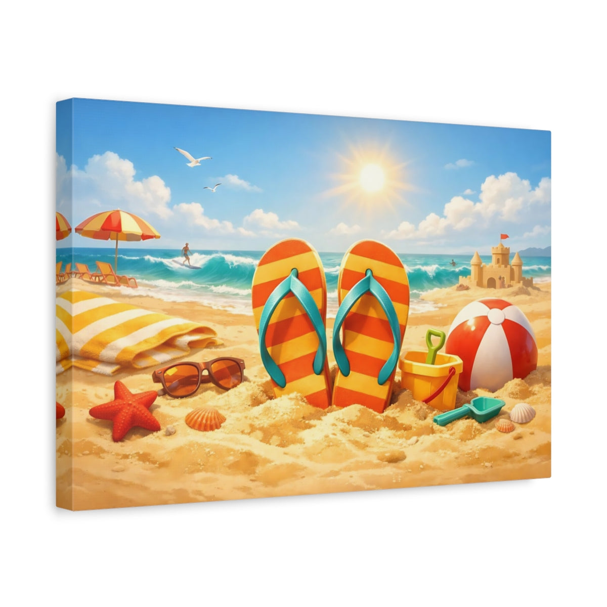 Funny Beach Warm Tones Flip-Flops Nature - Canvas Wall Art Print
