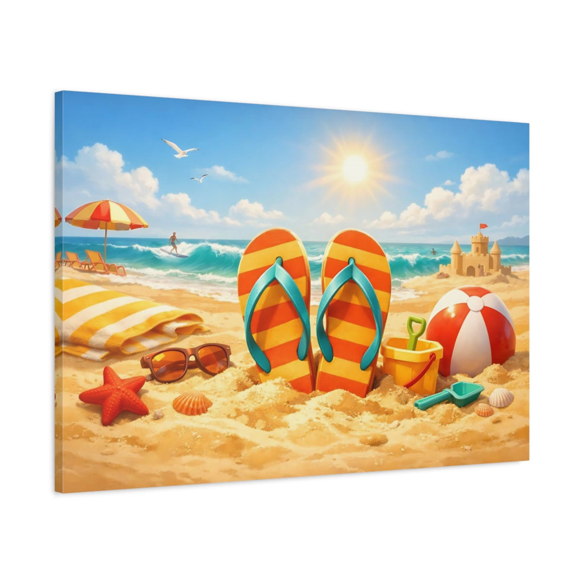 Funny Beach Warm Tones Flip-Flops Nature - Canvas Wall Art Print