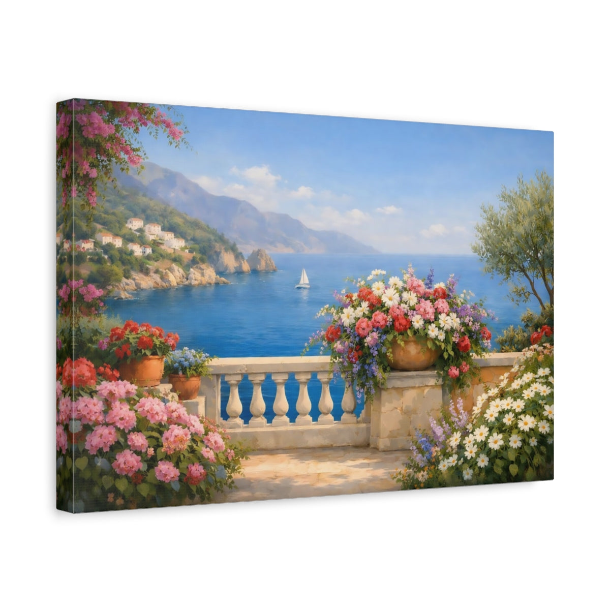 Side Mockup 4. Floral Mediterranean Coast shown as stretched canvas wall art